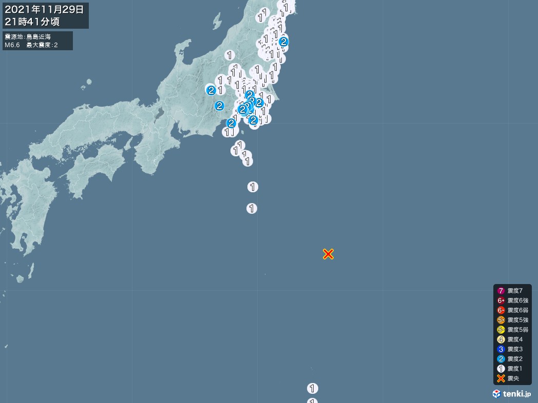 地震情報 2021年11月29日 21時41分頃発生 最大震度：2 震源地：鳥島近海(拡大画像)
