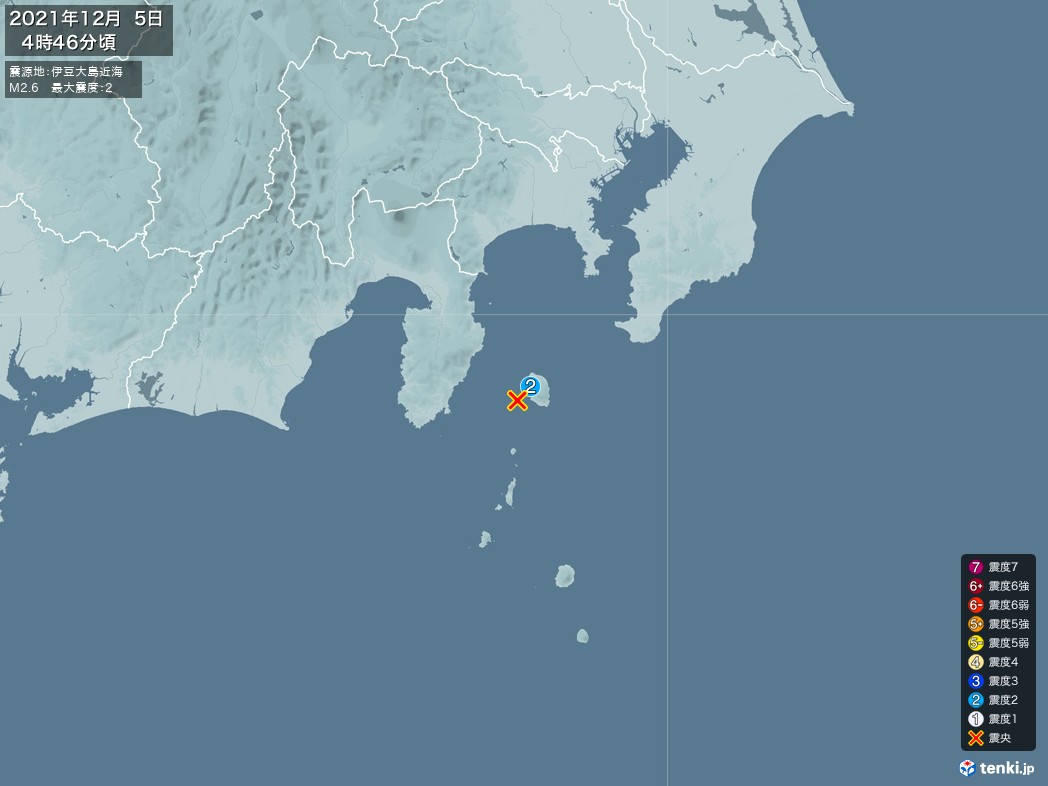 地震情報 2021年12月05日 04時46分頃発生 最大震度：2 震源地：伊豆大島近海(拡大画像)