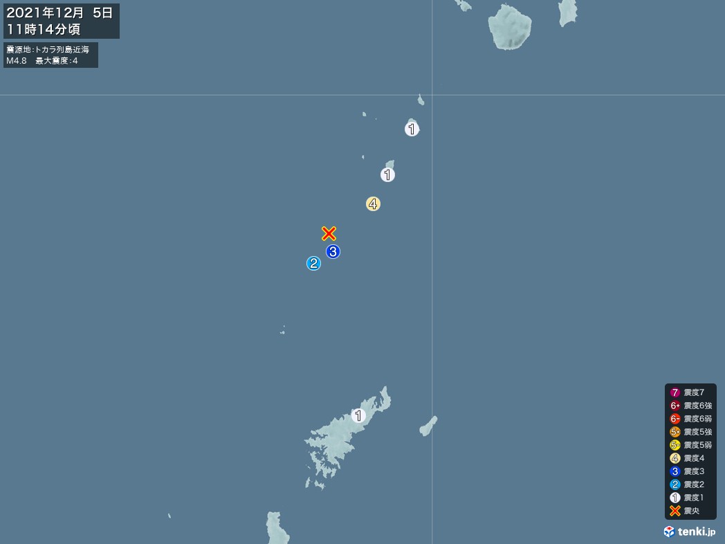 地震情報 2021年12月05日 11時14分頃発生 最大震度：4 震源地：トカラ列島近海(拡大画像)