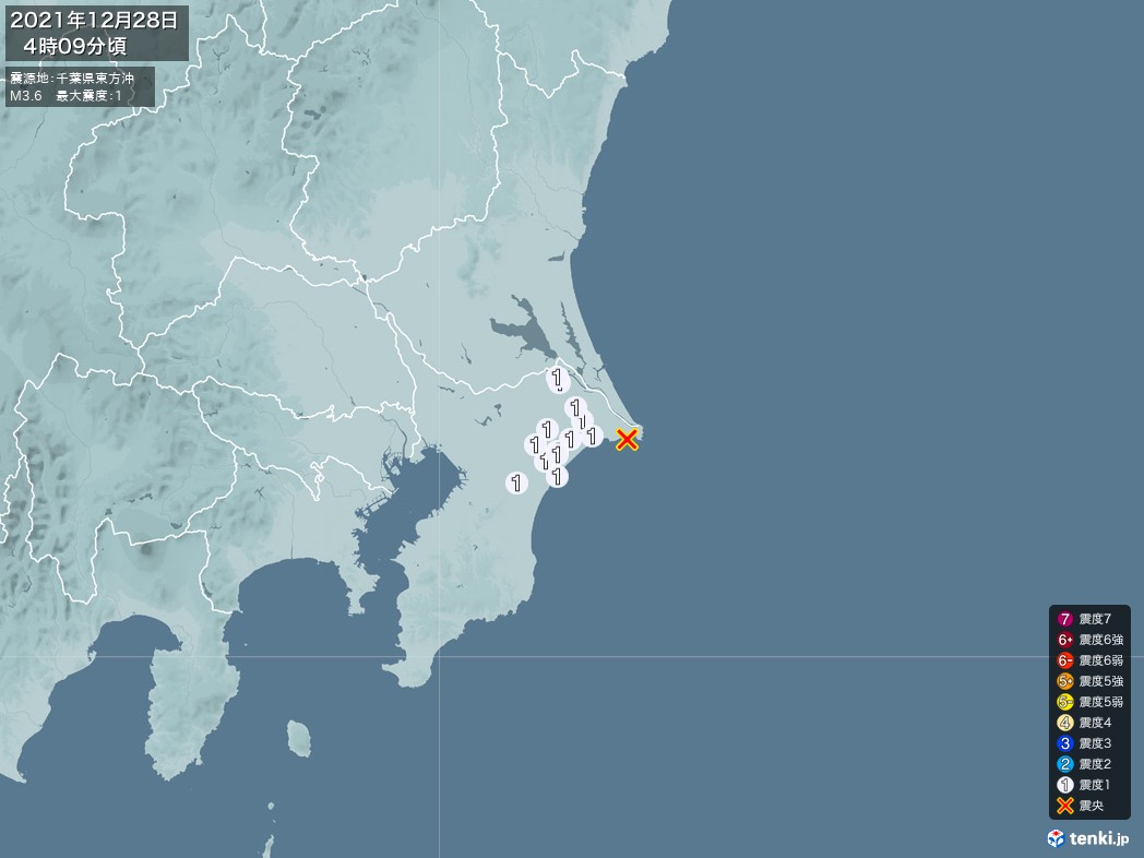 地震情報 2021年12月28日 04時09分頃発生 最大震度：1 震源地：千葉県東方沖(拡大画像)