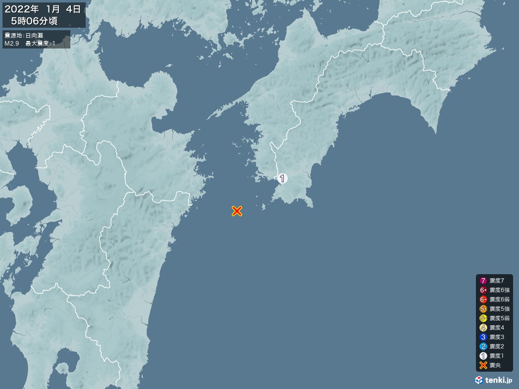 地震情報 2022年01月04日 05時06分頃発生 最大震度：1 震源地：日向灘(拡大画像)