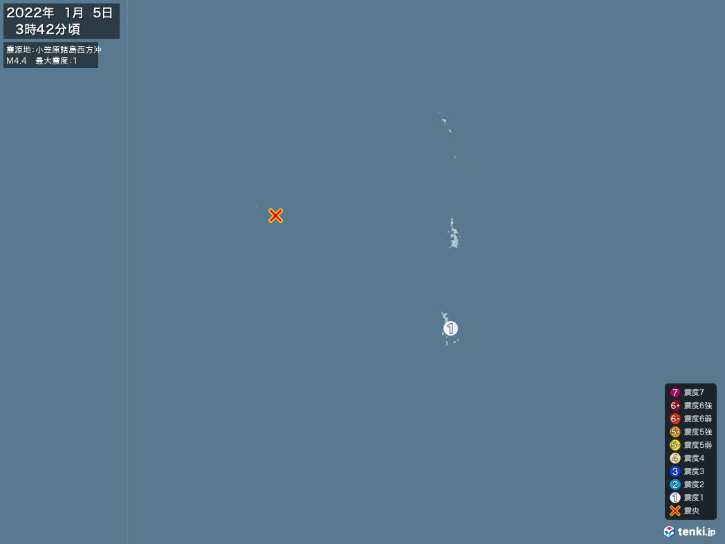 地震情報 2022年01月05日 03時42分頃発生 最大震度：1 震源地：小笠原諸島西方沖(拡大画像)