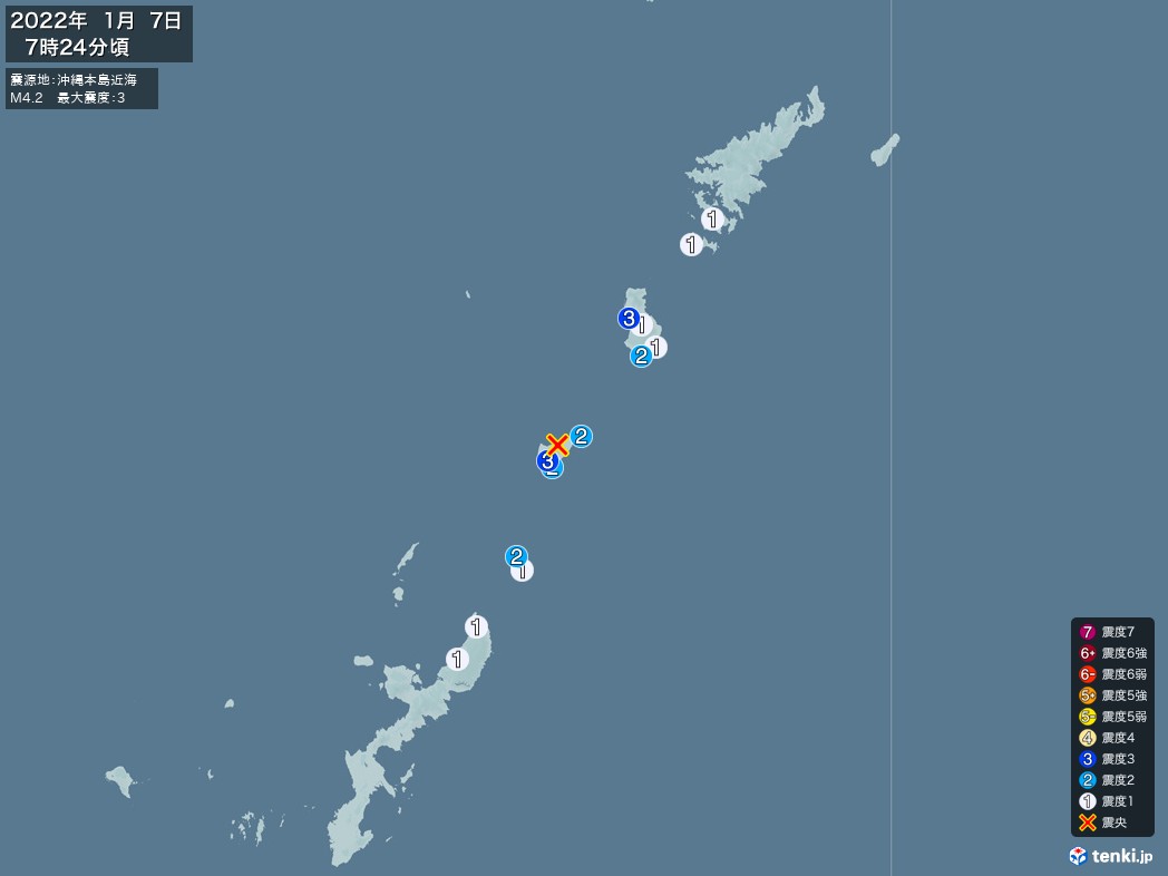 地震情報 2022年01月07日 07時24分頃発生 最大震度：3 震源地：沖縄本島近海(拡大画像)