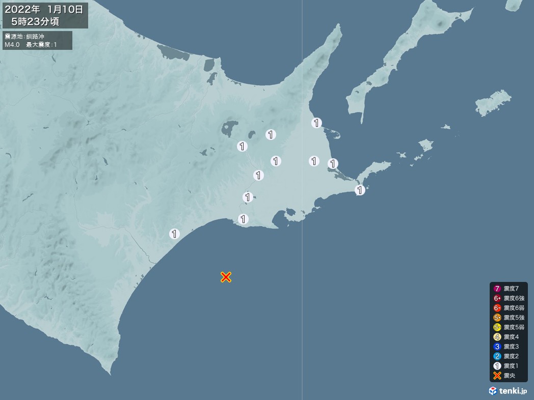 地震情報 2022年01月10日 05時23分頃発生 最大震度：1 震源地：釧路沖(拡大画像)