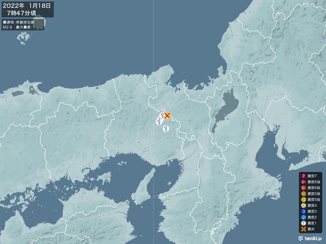 地震情報 2022年01月18日 07時47分頃発生 最大震度：1 震源地：京都府北部(拡大画像)
