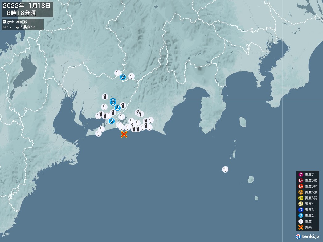 地震情報 2022年01月18日 08時16分頃発生 最大震度：2 震源地：遠州灘(拡大画像)
