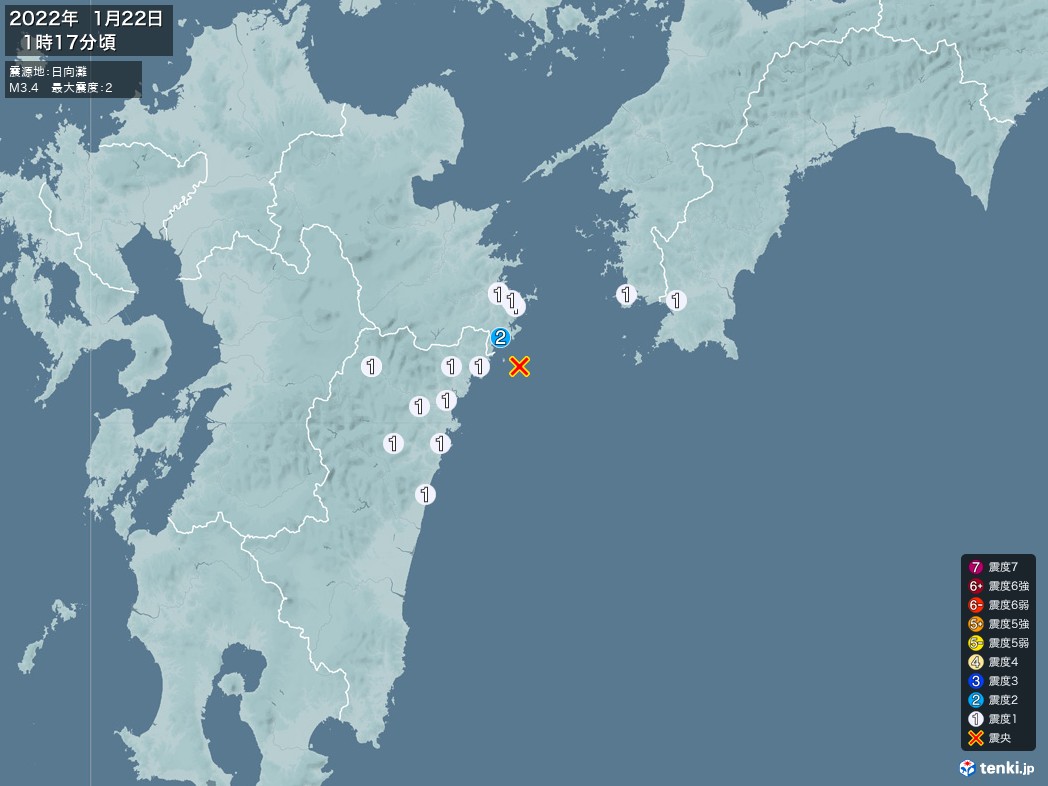 地震情報 2022年01月22日 01時17分頃発生 最大震度：2 震源地：日向灘(拡大画像)