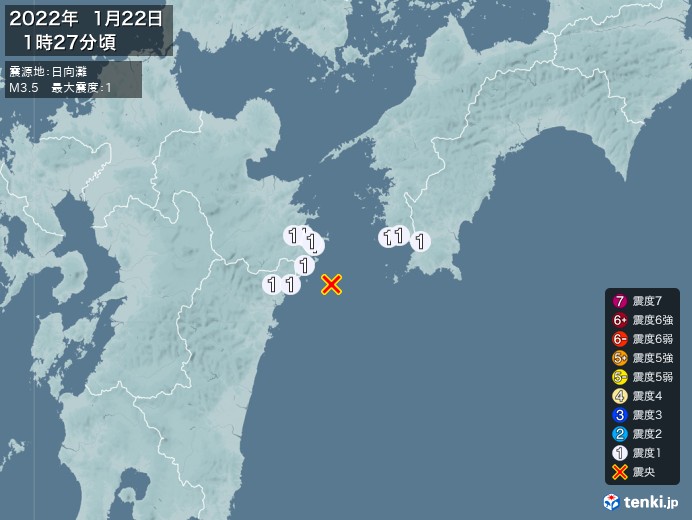 地震情報(2022年01月22日01時27分発生)