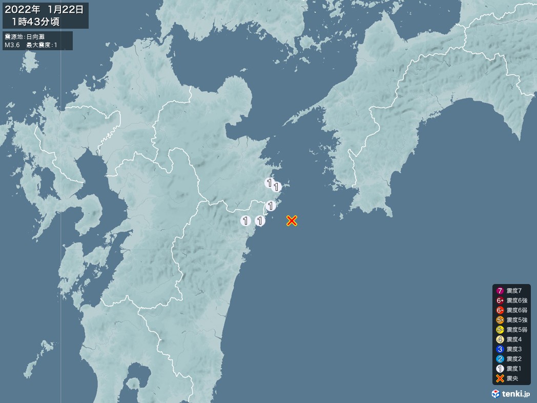 地震情報 2022年01月22日 01時43分頃発生 最大震度：1 震源地：日向灘(拡大画像)