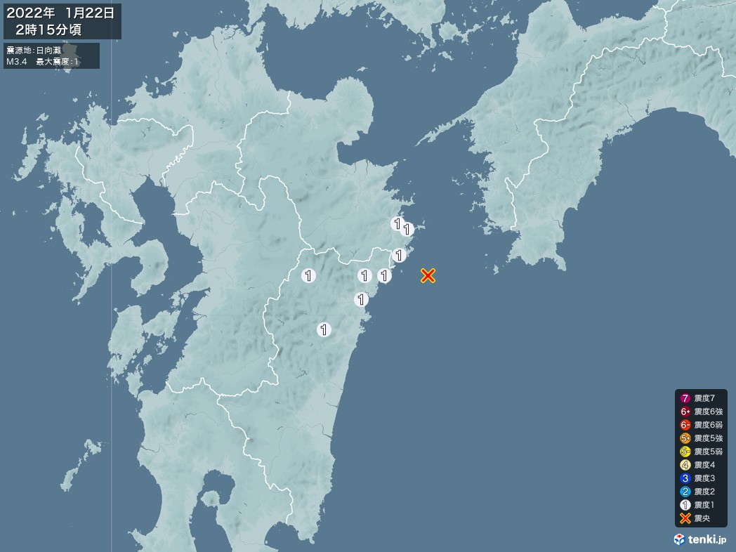 地震情報 2022年01月22日 02時15分頃発生 最大震度：1 震源地：日向灘(拡大画像)