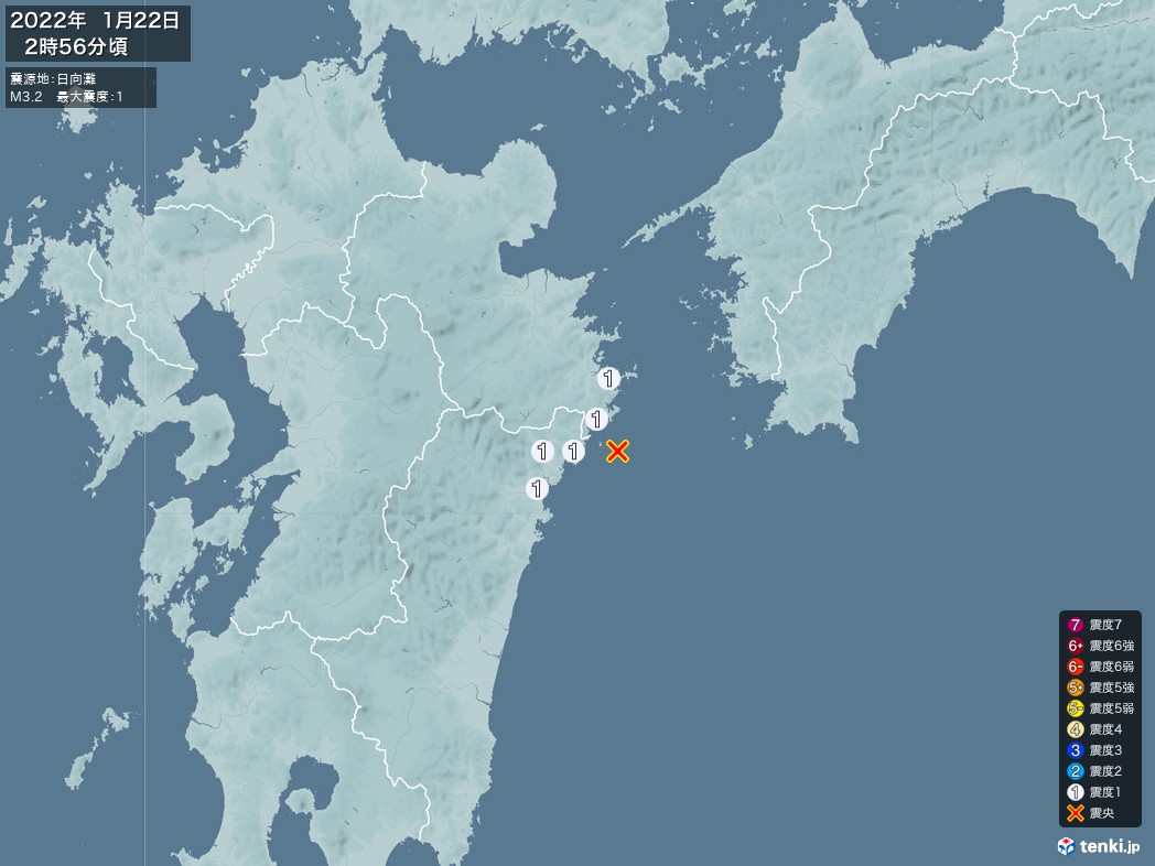 地震情報 2022年01月22日 02時56分頃発生 最大震度：1 震源地：日向灘(拡大画像)
