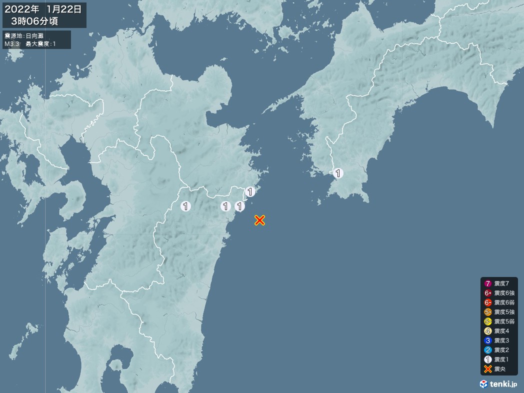 地震情報 2022年01月22日 03時06分頃発生 最大震度：1 震源地：日向灘(拡大画像)