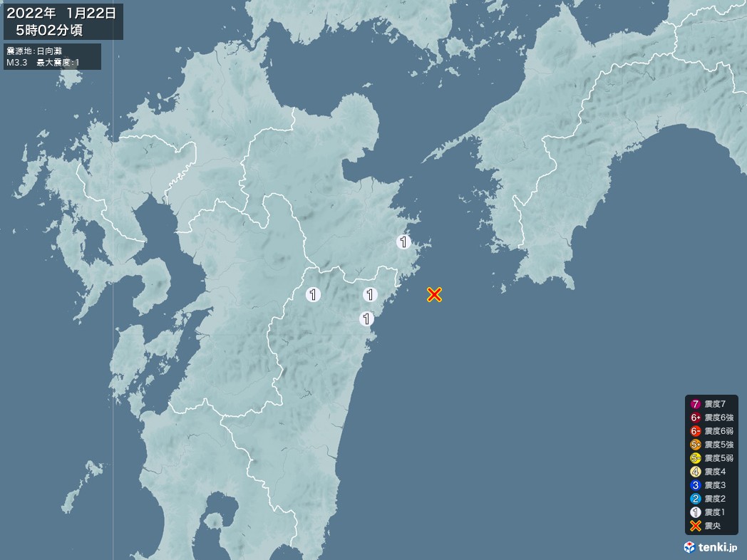 地震情報 2022年01月22日 05時02分頃発生 最大震度：1 震源地：日向灘(拡大画像)