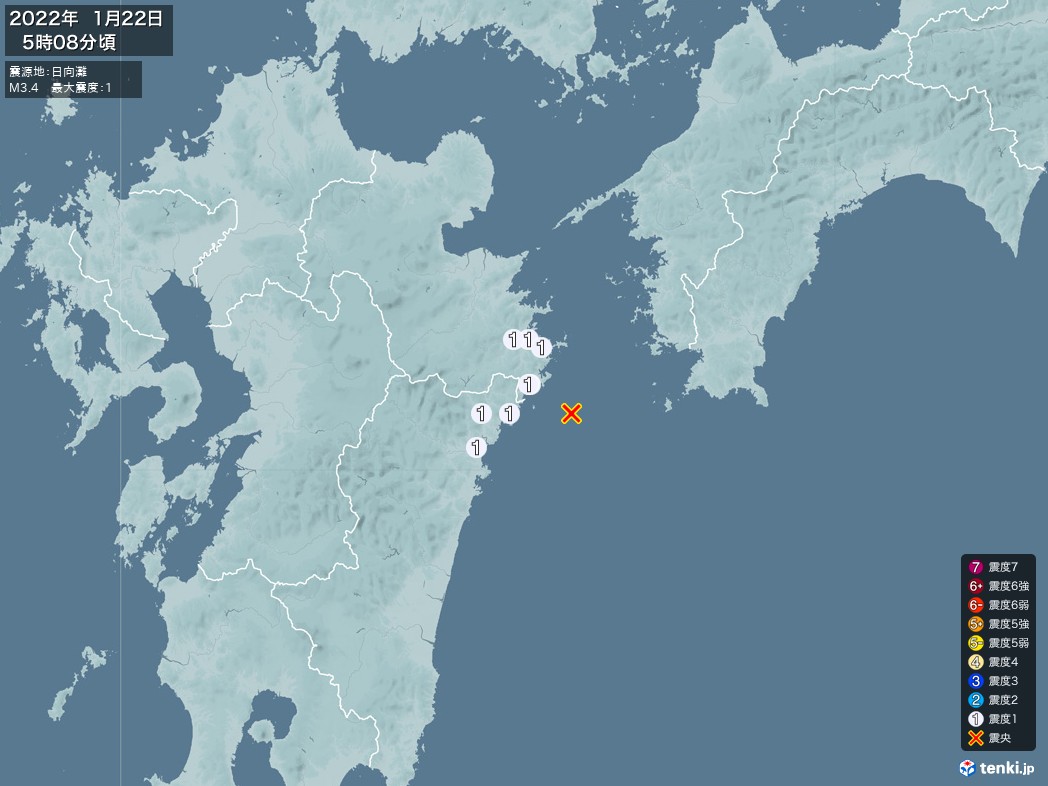 地震情報 2022年01月22日 05時08分頃発生 最大震度：1 震源地：日向灘(拡大画像)