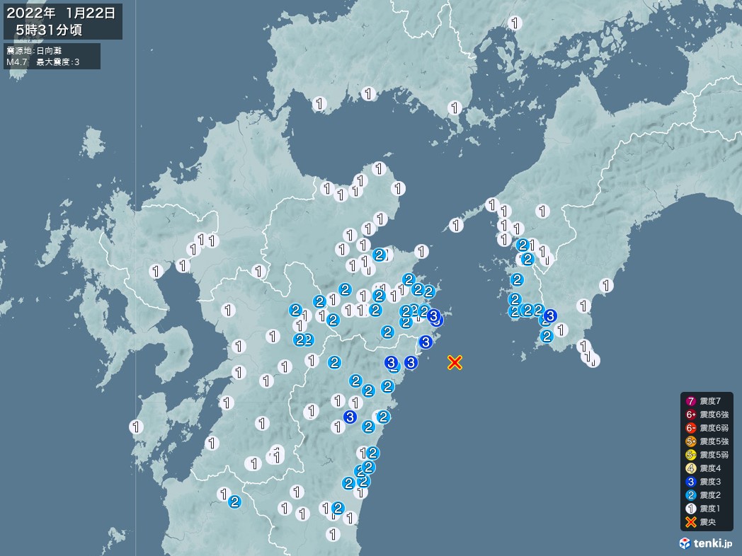 地震情報 2022年01月22日 05時31分頃発生 最大震度：3 震源地：日向灘(拡大画像)