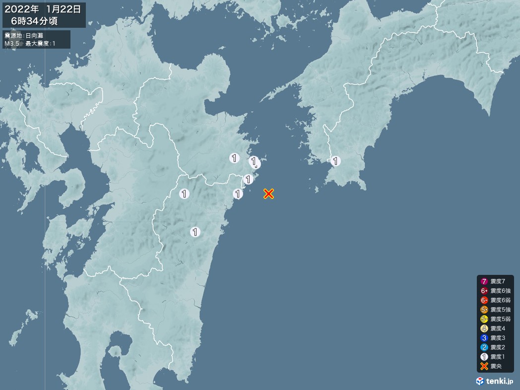 地震情報 2022年01月22日 06時34分頃発生 最大震度：1 震源地：日向灘(拡大画像)