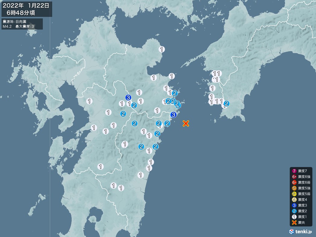 地震情報 2022年01月22日 06時48分頃発生 最大震度：3 震源地：日向灘(拡大画像)