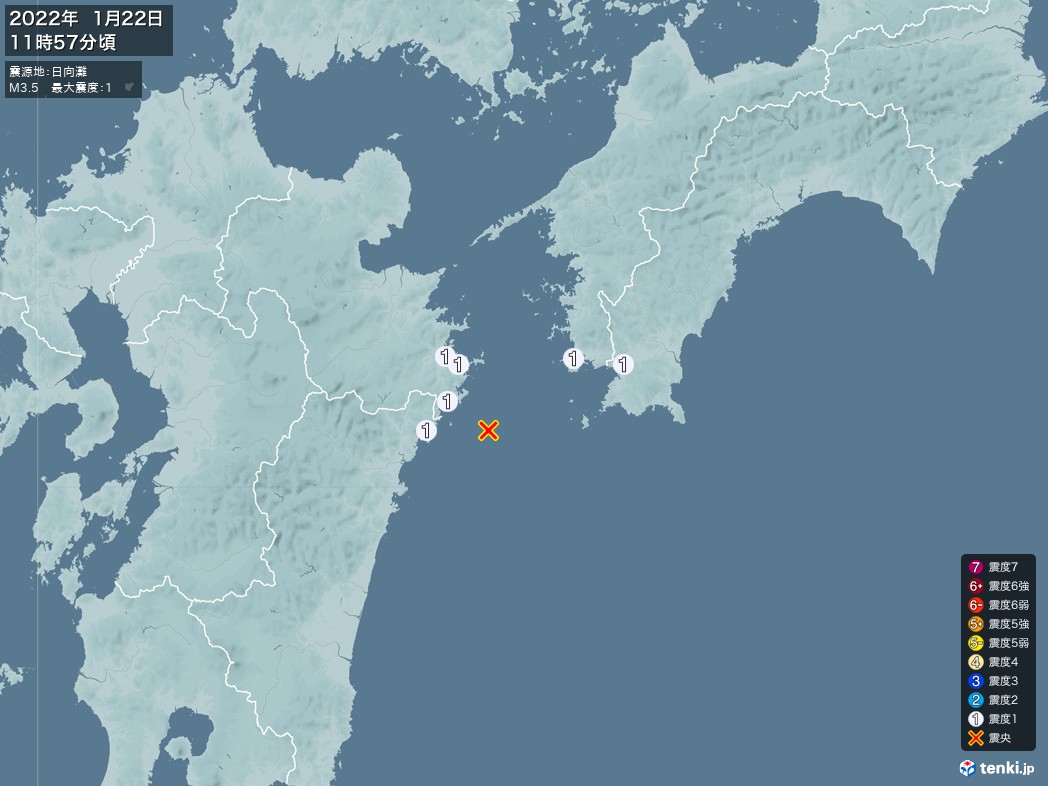 地震情報 2022年01月22日 11時57分頃発生 最大震度：1 震源地：日向灘(拡大画像)