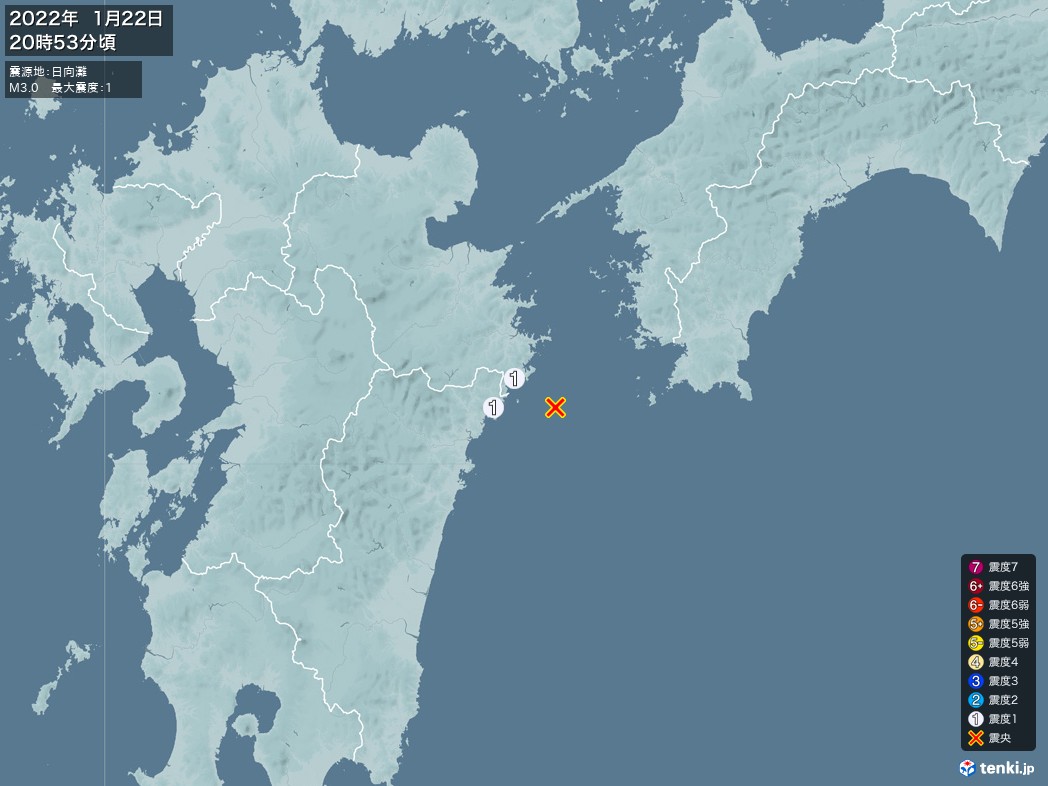 地震情報 2022年01月22日 20時53分頃発生 最大震度：1 震源地：日向灘(拡大画像)
