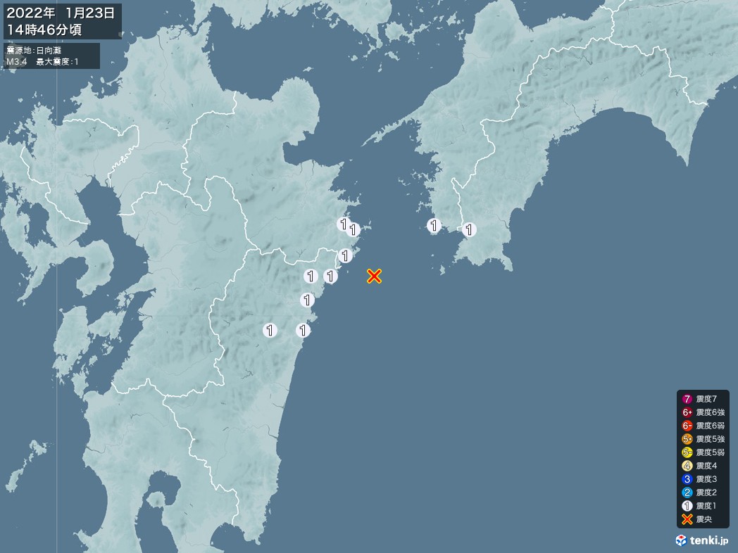地震情報 2022年01月23日 14時46分頃発生 最大震度：1 震源地：日向灘(拡大画像)