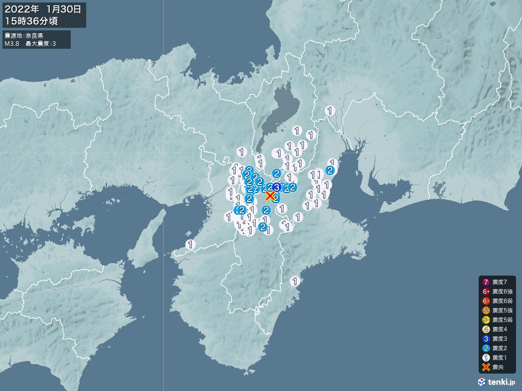 地震情報 2022年01月30日 15時36分頃発生 最大震度：3 震源地：奈良県(拡大画像)