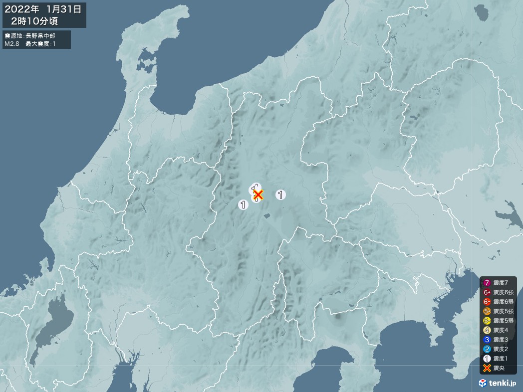 地震情報 2022年01月31日 02時10分頃発生 最大震度：1 震源地：長野県中部(拡大画像)