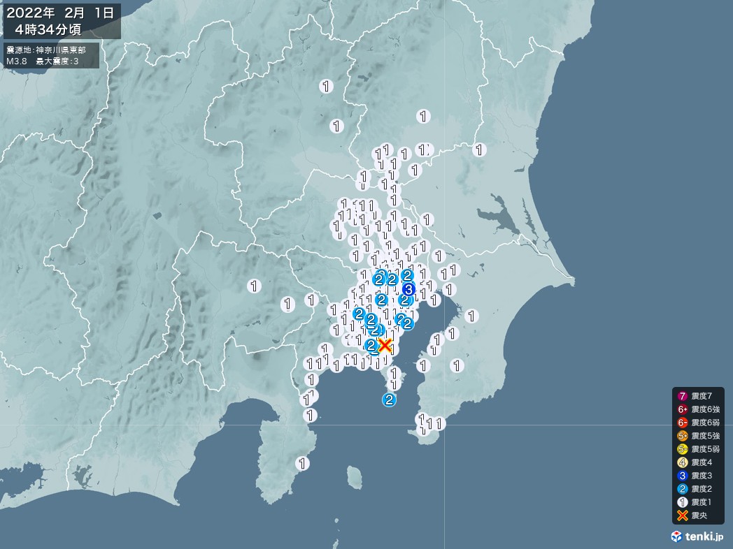 地震情報 2022年02月01日 04時34分頃発生 最大震度：3 震源地：神奈川県東部(拡大画像)