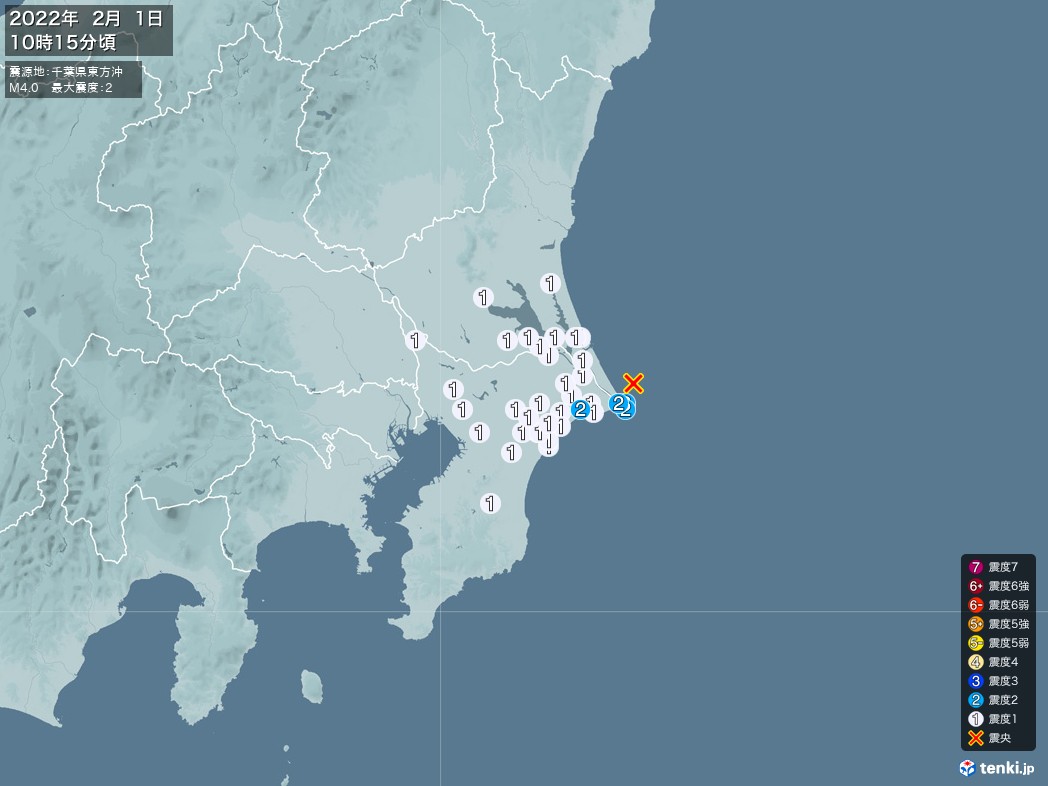 地震情報 2022年02月01日 10時15分頃発生 最大震度：2 震源地：千葉県東方沖(拡大画像)