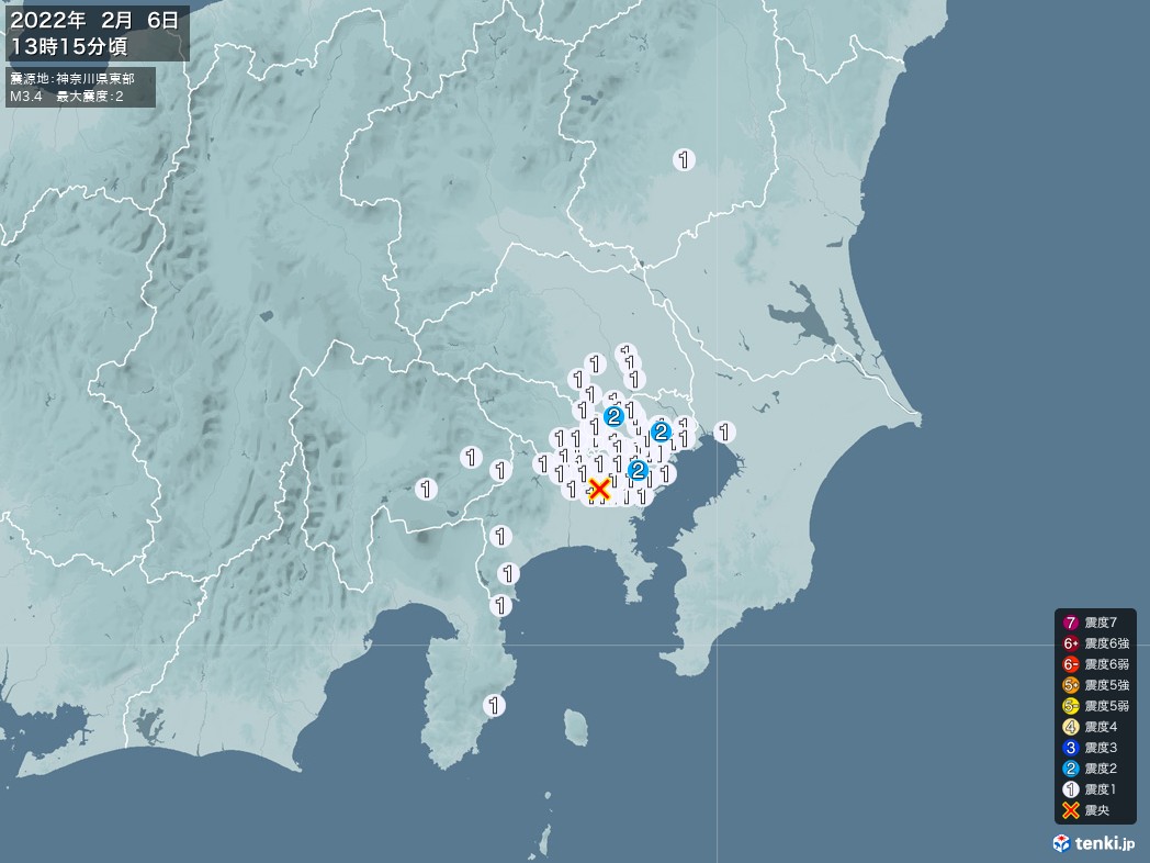 地震情報 2022年02月06日 13時15分頃発生 最大震度：2 震源地：神奈川県東部(拡大画像)