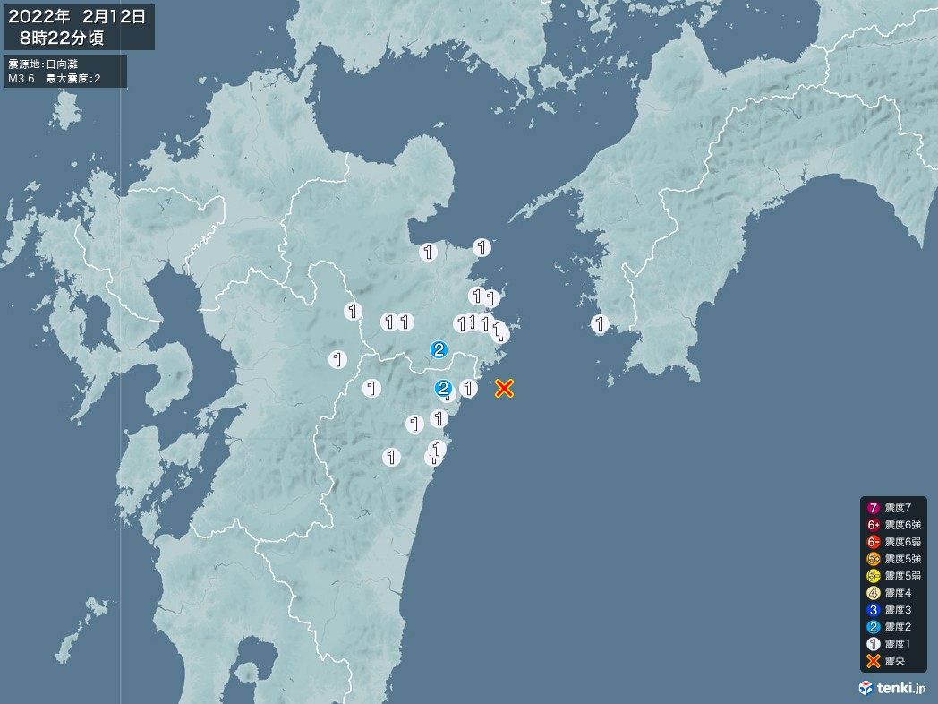地震情報 2022年02月12日 08時22分頃発生 最大震度：2 震源地：日向灘(拡大画像)