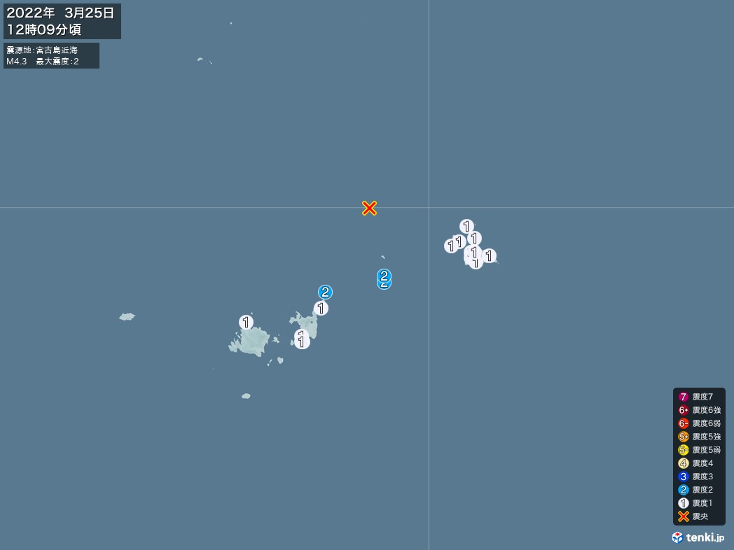 地震情報 2022年03月25日 12時09分頃発生 最大震度：2 震源地：宮古島近海(拡大画像)