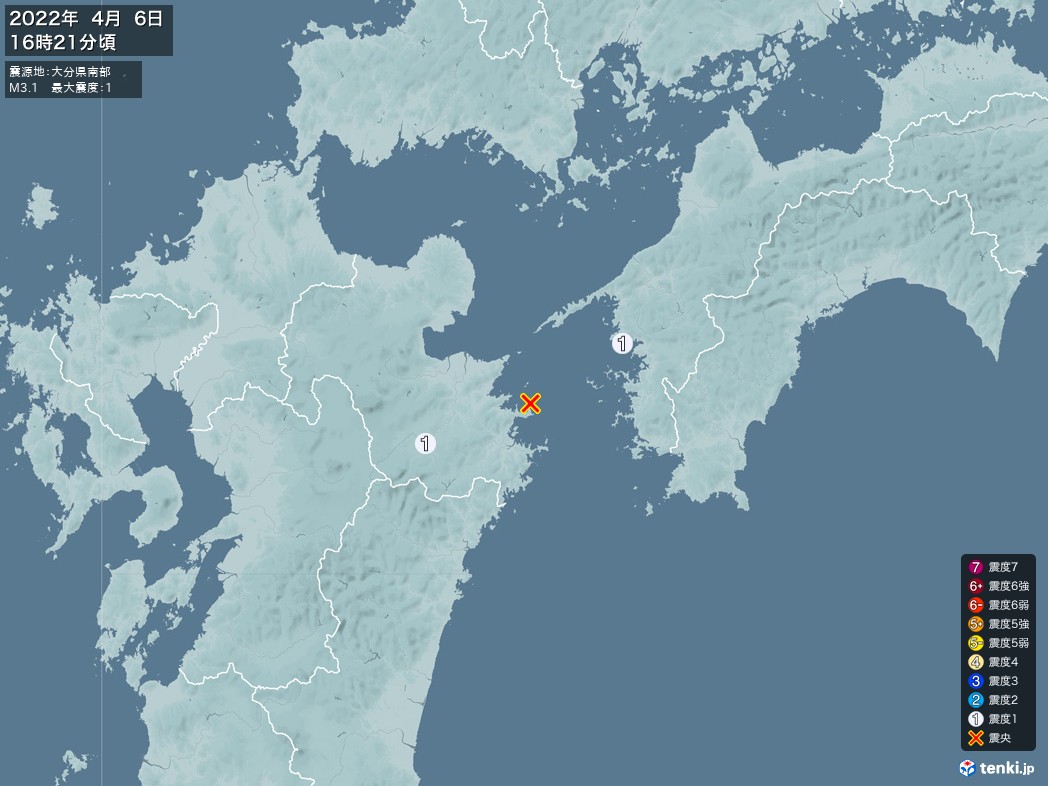 地震情報 2022年04月06日 16時21分頃発生 最大震度：1 震源地：大分県南部(拡大画像)