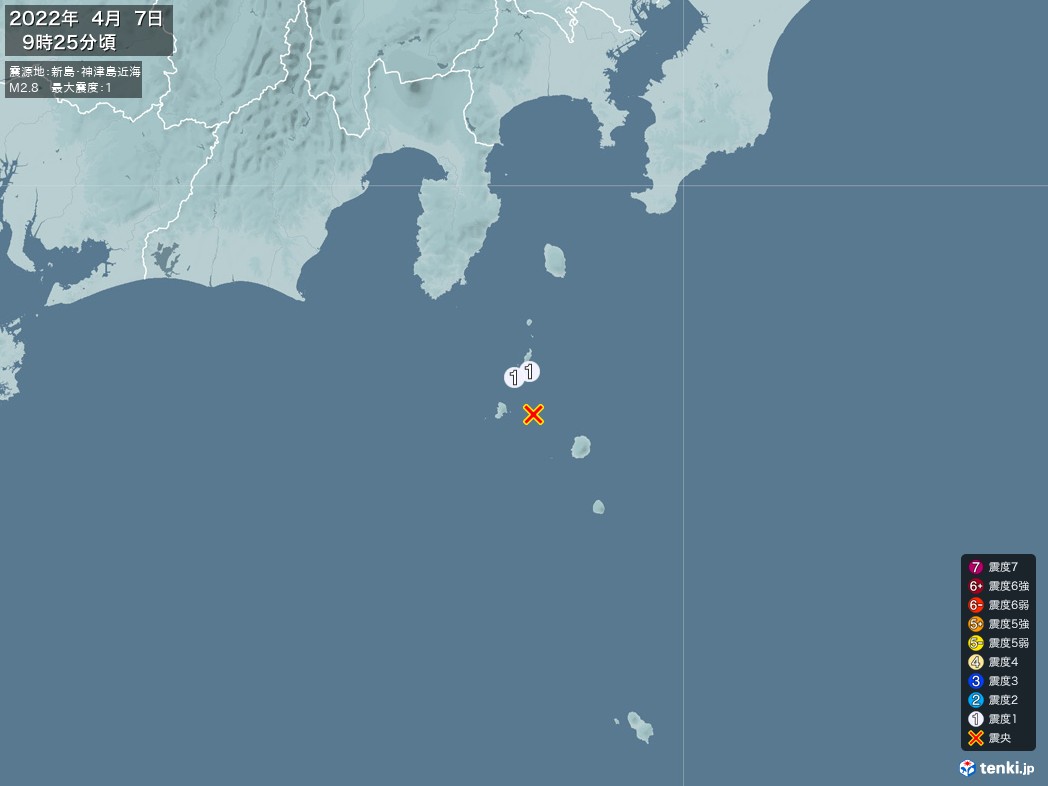 地震情報 2022年04月07日 09時25分頃発生 最大震度：1 震源地：新島・神津島近海(拡大画像)