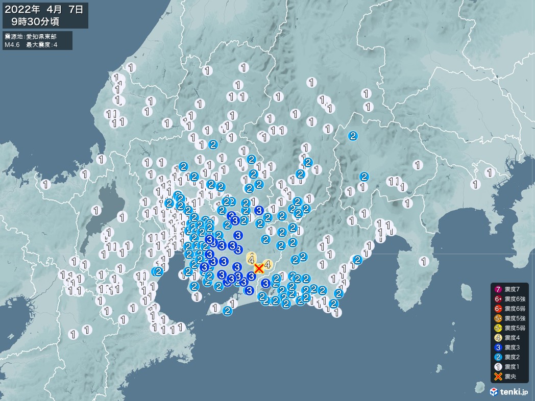 地震情報 2022年04月07日 09時30分頃発生 最大震度：4 震源地：愛知県東部(拡大画像)
