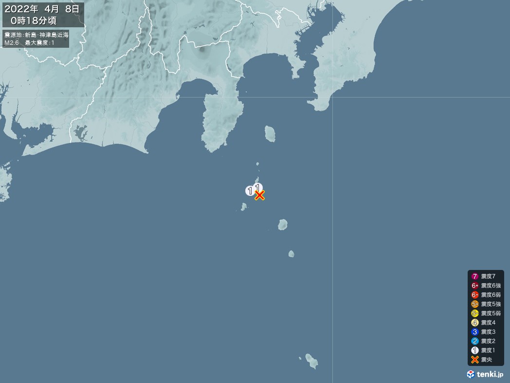 地震情報 2022年04月08日 00時18分頃発生 最大震度：1 震源地：新島・神津島近海(拡大画像)