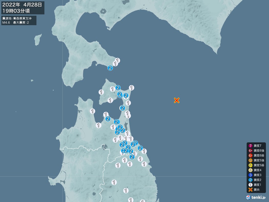 地震情報 2022年04月28日 19時03分頃発生 最大震度：2 震源地：青森県東方沖(拡大画像)