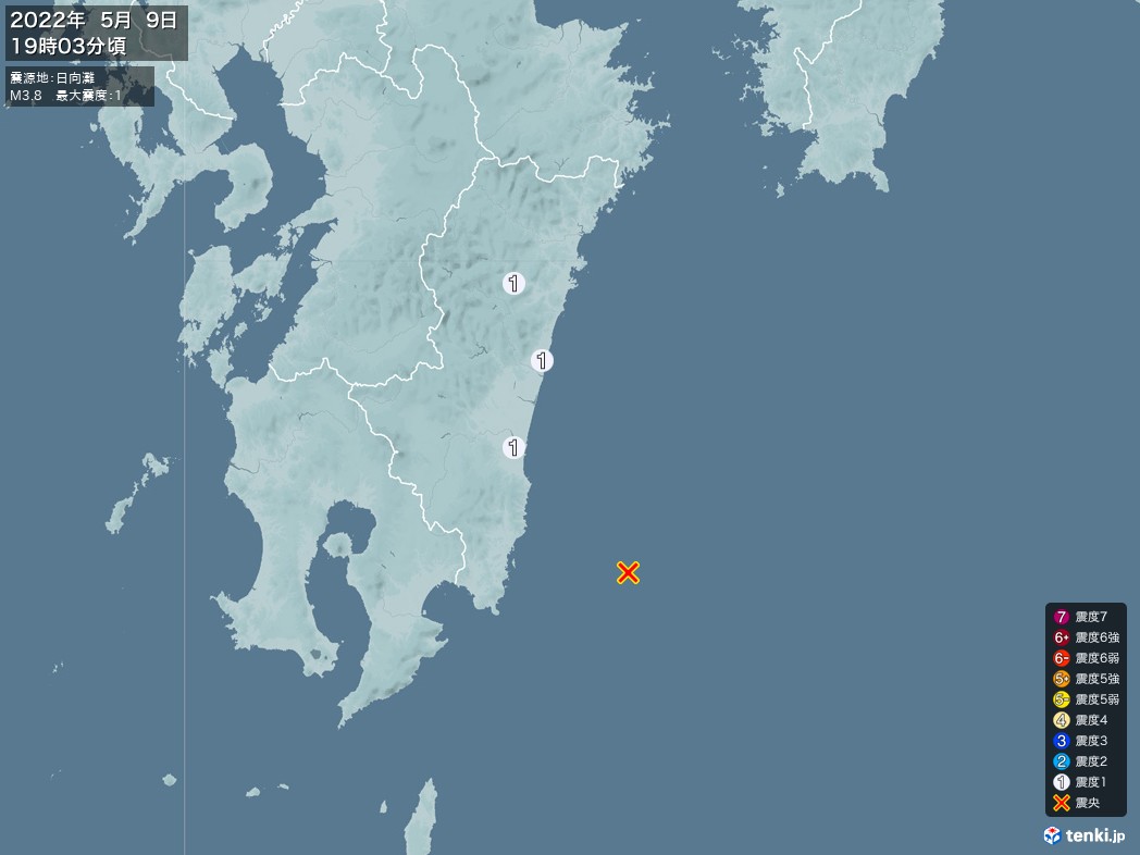 地震情報 2022年05月09日 19時03分頃発生 最大震度：1 震源地：日向灘(拡大画像)