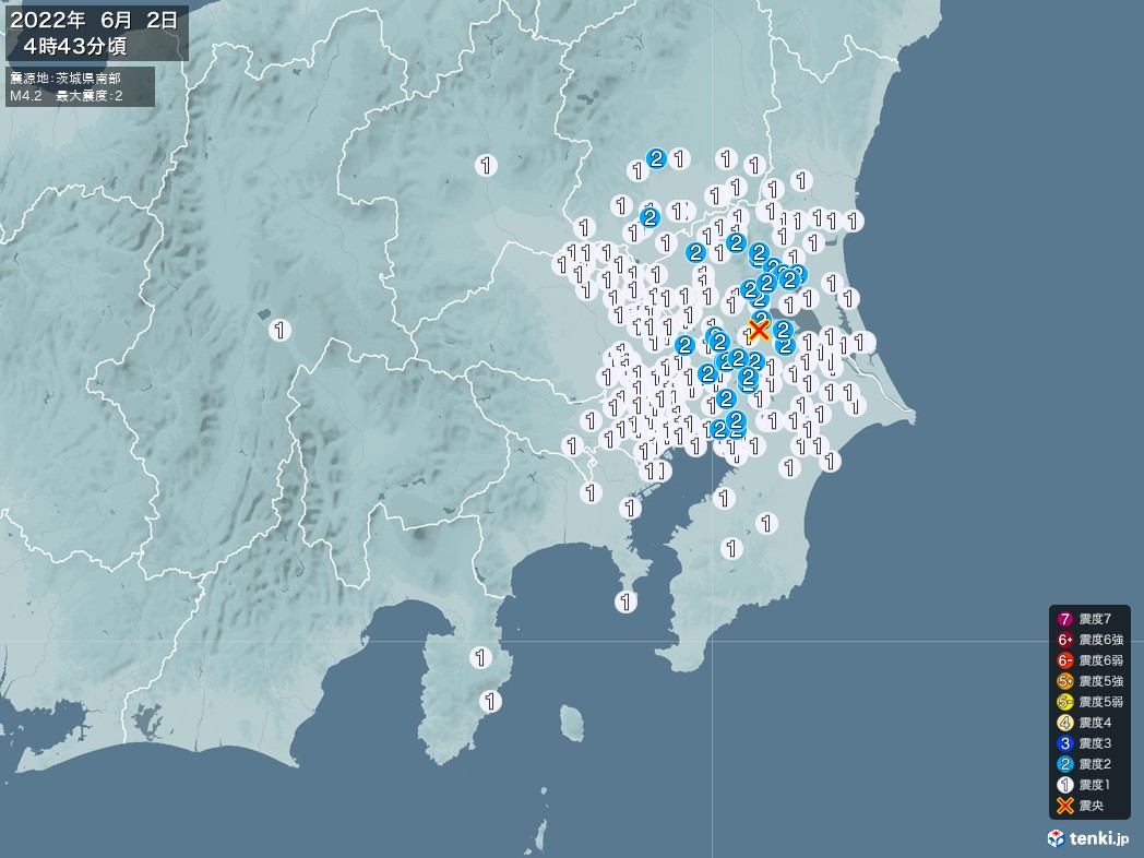 地震情報 2022年06月02日 04時43分頃発生 最大震度：2 震源地：茨城県南部(拡大画像)