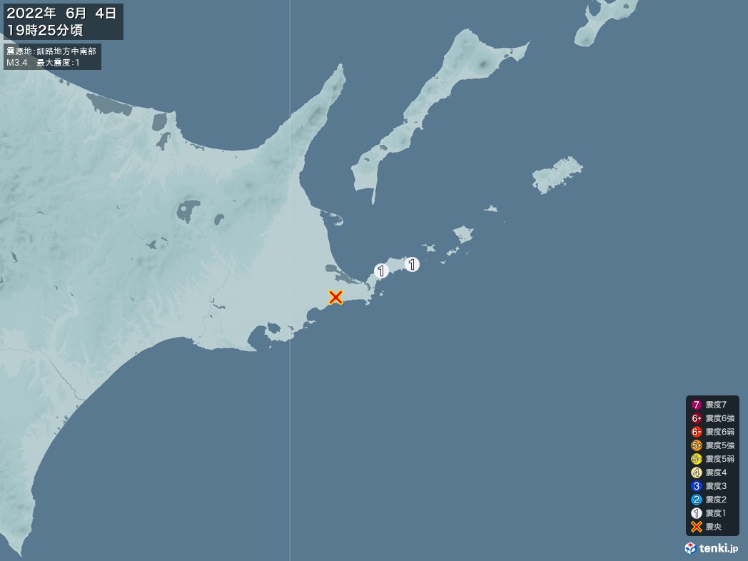 地震情報 2022年06月04日 19時25分頃発生 最大震度：1 震源地：釧路地方中南部(拡大画像)