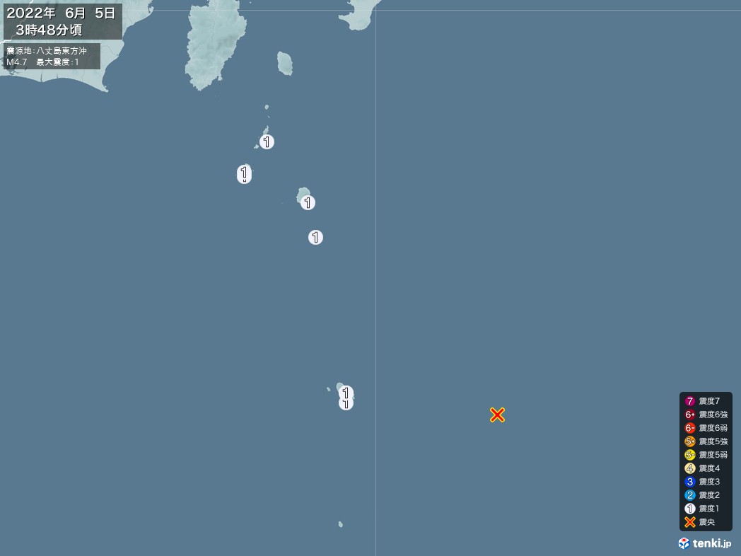 地震情報 2022年06月05日 03時48分頃発生 最大震度：1 震源地：八丈島東方沖(拡大画像)