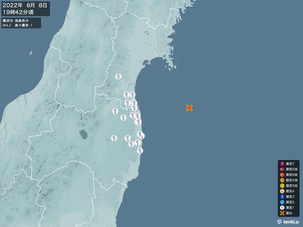 地震情報 2022年06月08日 19時42分頃発生 最大震度：1 震源地：福島県沖(拡大画像)