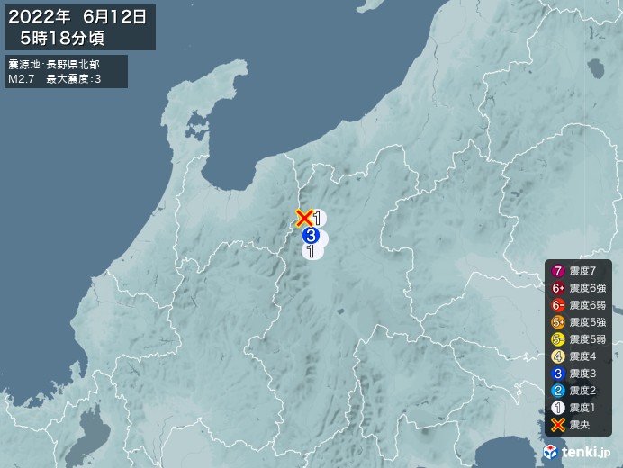 地震情報(2022年06月12日05時18分発生)