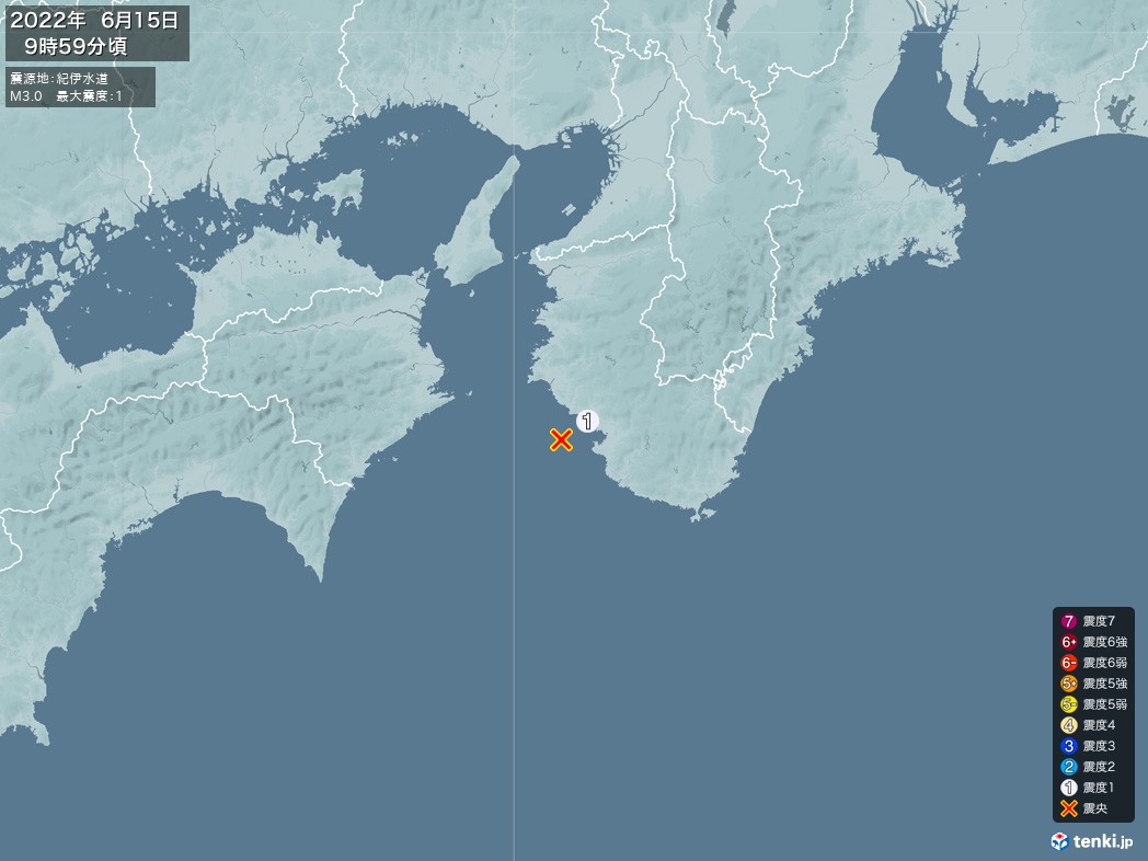 地震情報 2022年06月15日 09時59分頃発生 最大震度：1 震源地：紀伊水道(拡大画像)