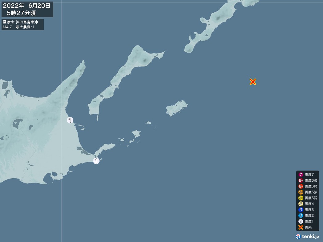 地震情報 2022年06月20日 05時27分頃発生 最大震度：1 震源地：択捉島南東沖(拡大画像)