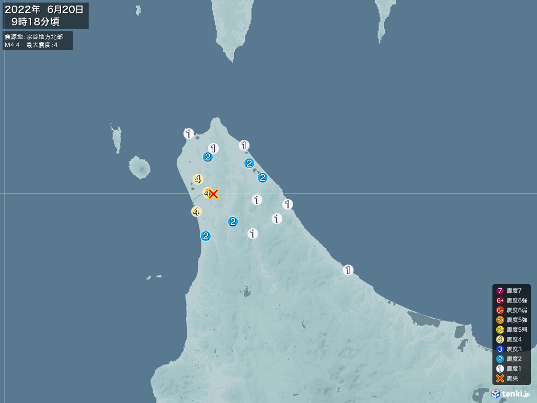 地震情報 2022年06月20日 09時18分頃発生 最大震度：4 震源地：宗谷地方北部(拡大画像)