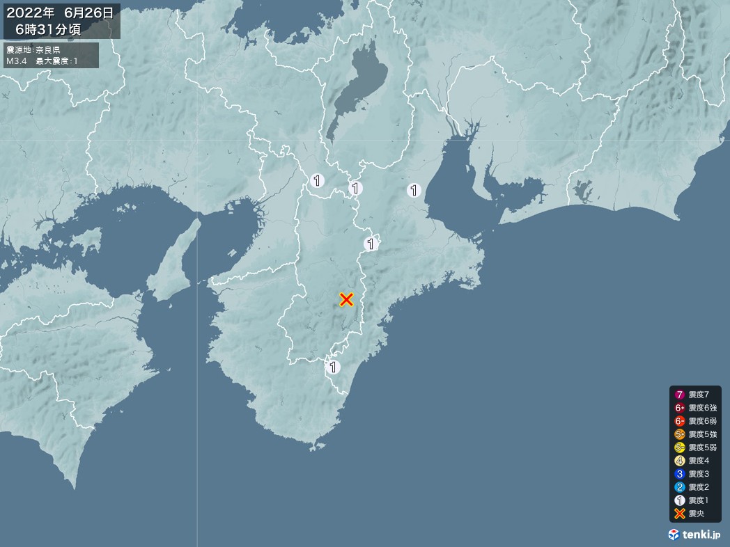 地震情報 2022年06月26日 06時31分頃発生 最大震度：1 震源地：奈良県(拡大画像)