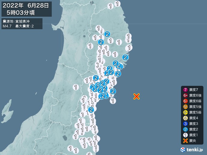 地震情報(2022年06月28日05時03分発生)