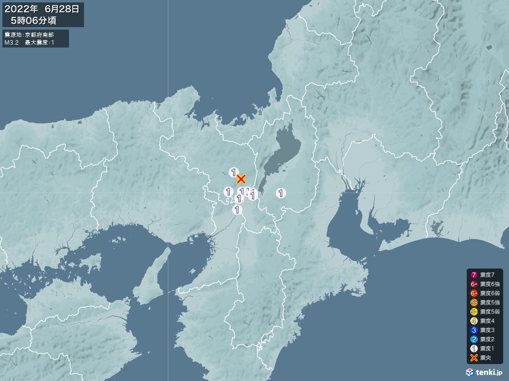 地震情報 2022年06月28日 05時06分頃発生 最大震度：1 震源地：京都府南部(拡大画像)