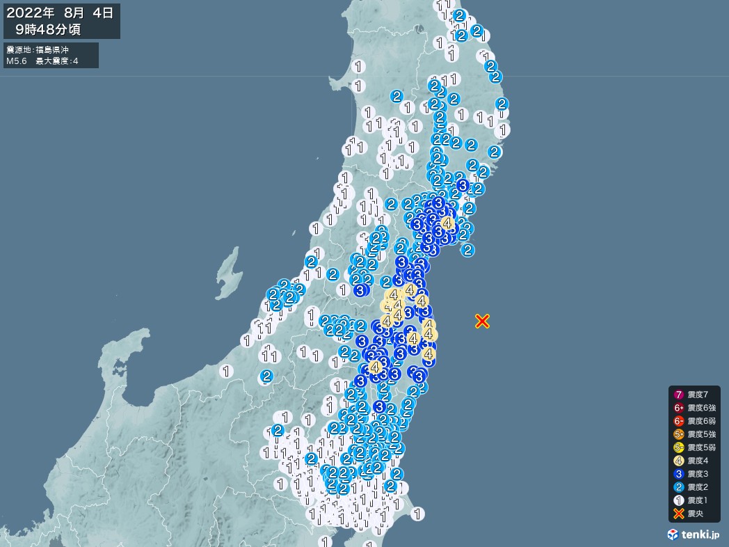 地震情報 2022年08月04日 09時48分頃発生 最大震度：4 震源地：福島県沖(拡大画像)