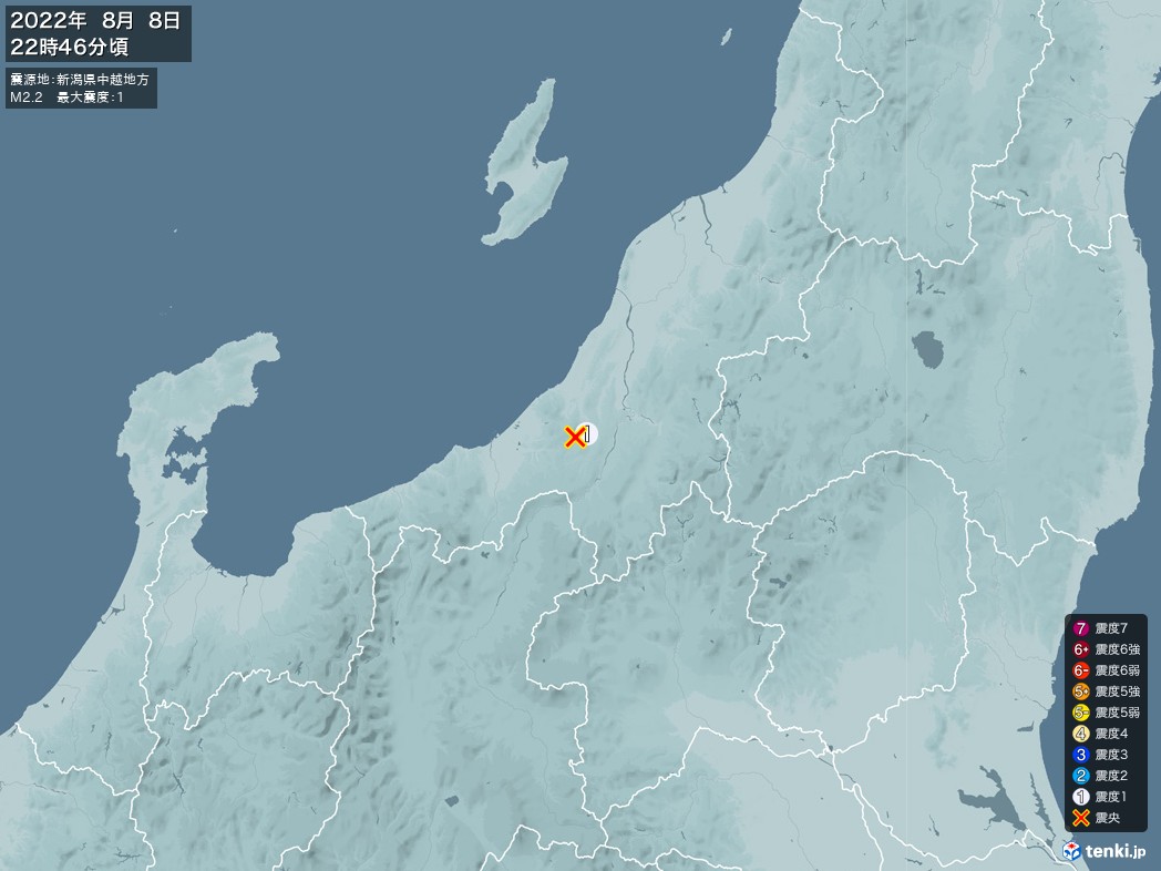 地震情報 2022年08月08日 22時46分頃発生 最大震度：1 震源地：新潟県中越地方(拡大画像)
